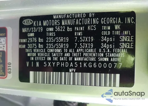 2019 Kia Sorento 3.3L Ex Sport from USA, damaged, VIN 5XYPHDA51KG600077